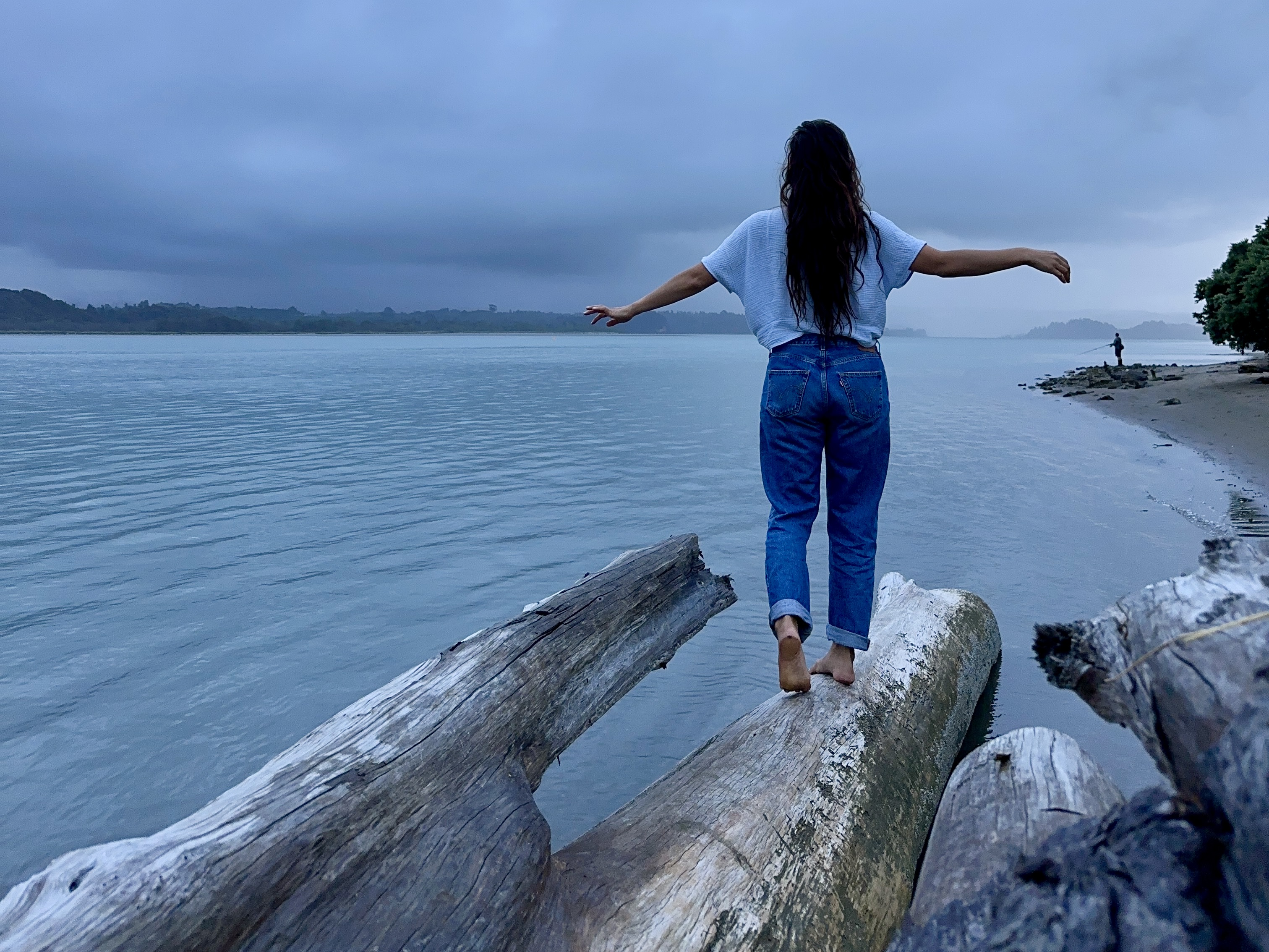 A person standing with arms out on driftwood beside calm water
